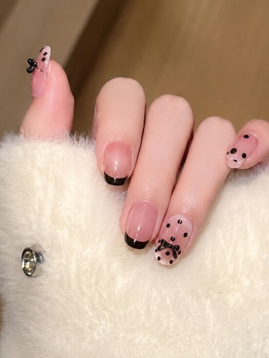Oak and Isle Other - Coquette Press On Nails Small Blush Pink Black French Polka Dot Bow